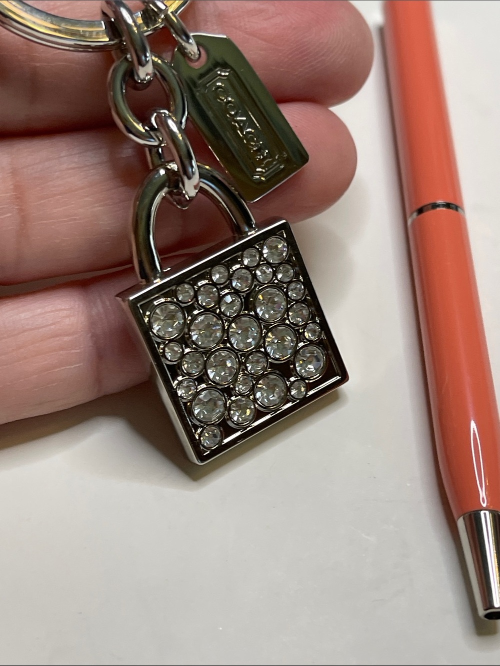 Coach Silver-Tone Crystal Padlock Key Charm and Coach Pen